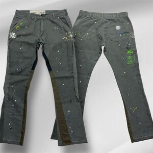 Gallery Dept. Men's W34 L31 Flared Leg Green Carpenter Paint Splatter Pants